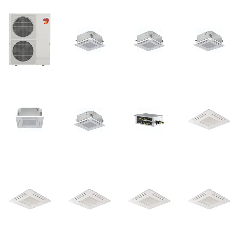 Mitsubishi Multi-Zone 60000 BTU R-454B 20 SEER2 5-Zone 2'x2' Ceiling Cassette Mini Split Heat Pump System - 9K+9K+9K+12K+15K