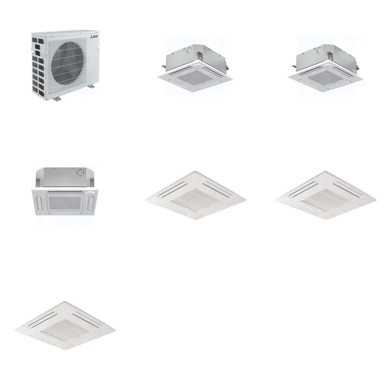 Mitsubishi Multi-Zone 40500 BTU R-454B 20 SEER2 3-Zone 2'x2' Ceiling Cassette Mini Split Heat Pump System - 9K+9K+12K