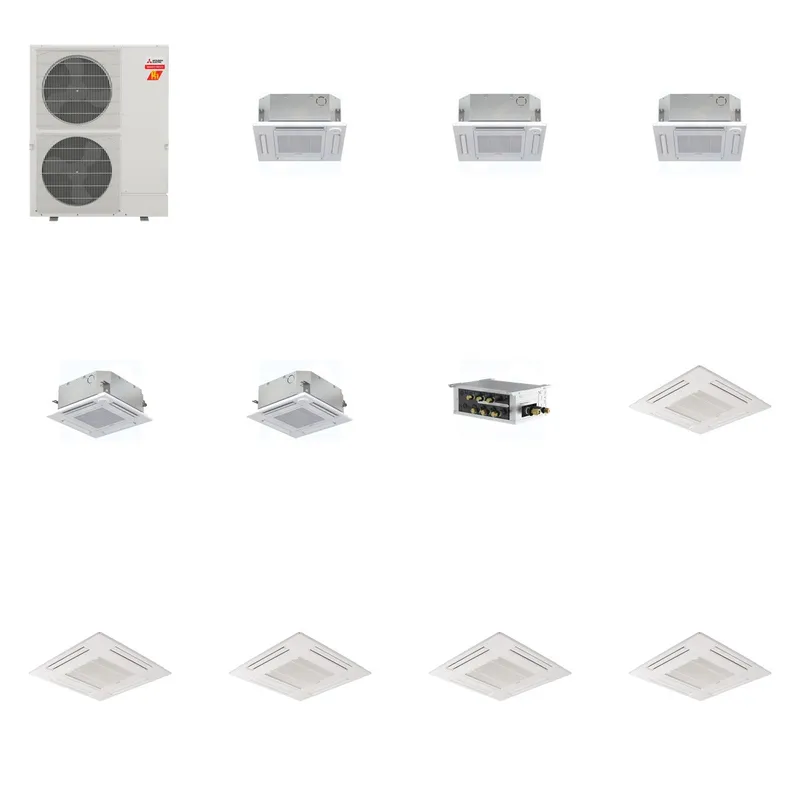 Mitsubishi Multi-Zone 60000 BTU R-454B 20 SEER2 5-Zone 2'x2' Ceiling Cassette Mini Split Heat Pump System - 12K+12K+12K+15K+15K