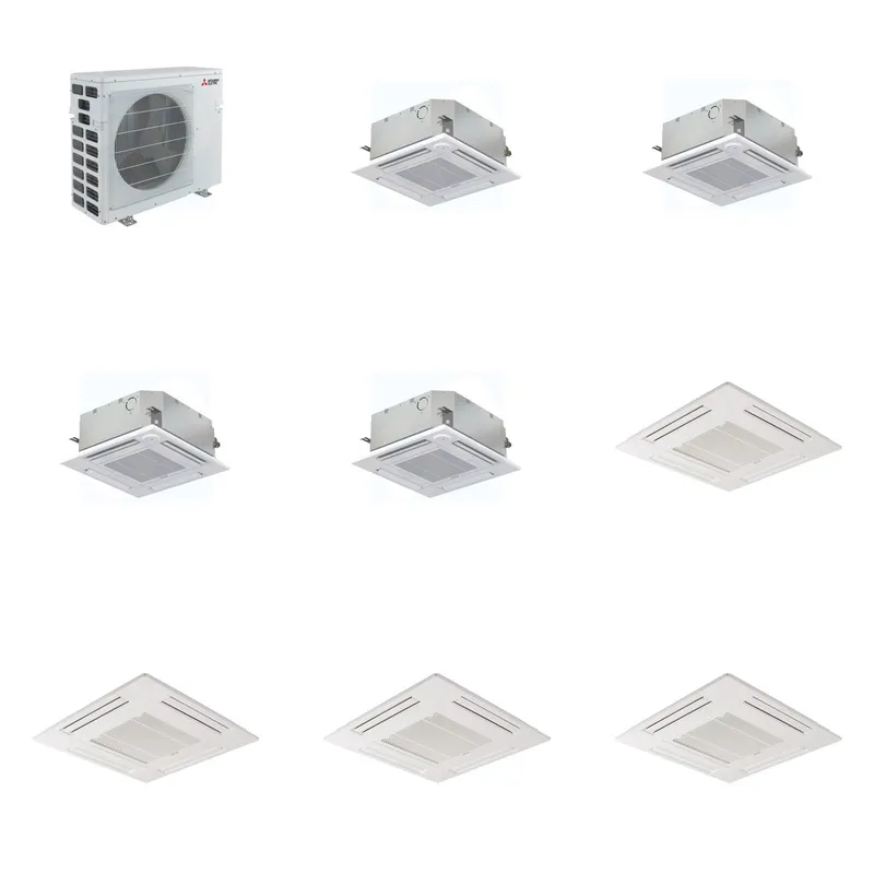 Mitsubishi Multi-Zone 40500 BTU R-454B 20 SEER2 4-Zone 2'x2' Ceiling Cassette Mini Split Heat Pump System - 9K+9K+9K+9K
