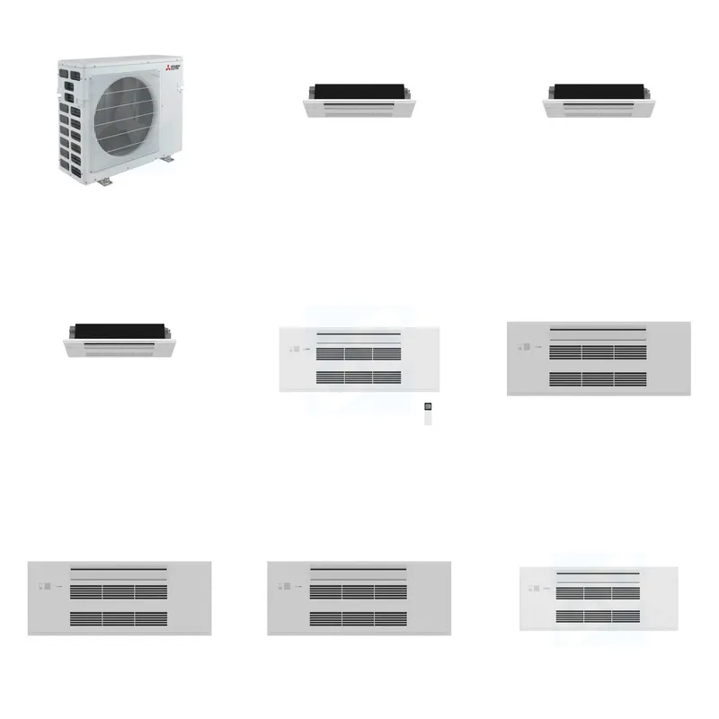 Mitsubishi Multi-Zone 40500 BTU R-454B 20 SEER2 4-Zone 1-Way Ceiling Cassette Mini Split Heat Pump System - 6K+6K+6K+9K