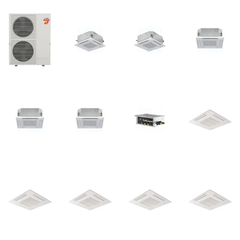 Mitsubishi Multi-Zone 60000 BTU R-454B 20 SEER2 5-Zone 2'x2' Ceiling Cassette Mini Split Heat Pump System - 9K+9K+12K+12K+12K