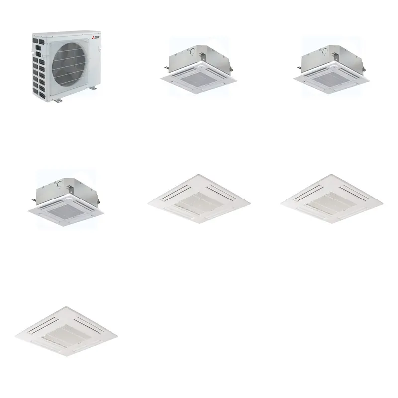 Mitsubishi Multi-Zone 40500 BTU R-454B 20 SEER2 3-Zone 2'x2' Ceiling Cassette Mini Split Heat Pump System - 9K+9K+9K