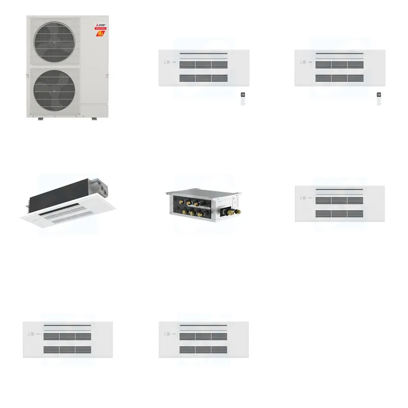 Mitsubishi Multi-Zone 60000 BTU R-454B 20 SEER2 3-Zone 1-Way Ceiling Cassette Mini Split Heat Pump System - 9K+9K+12K