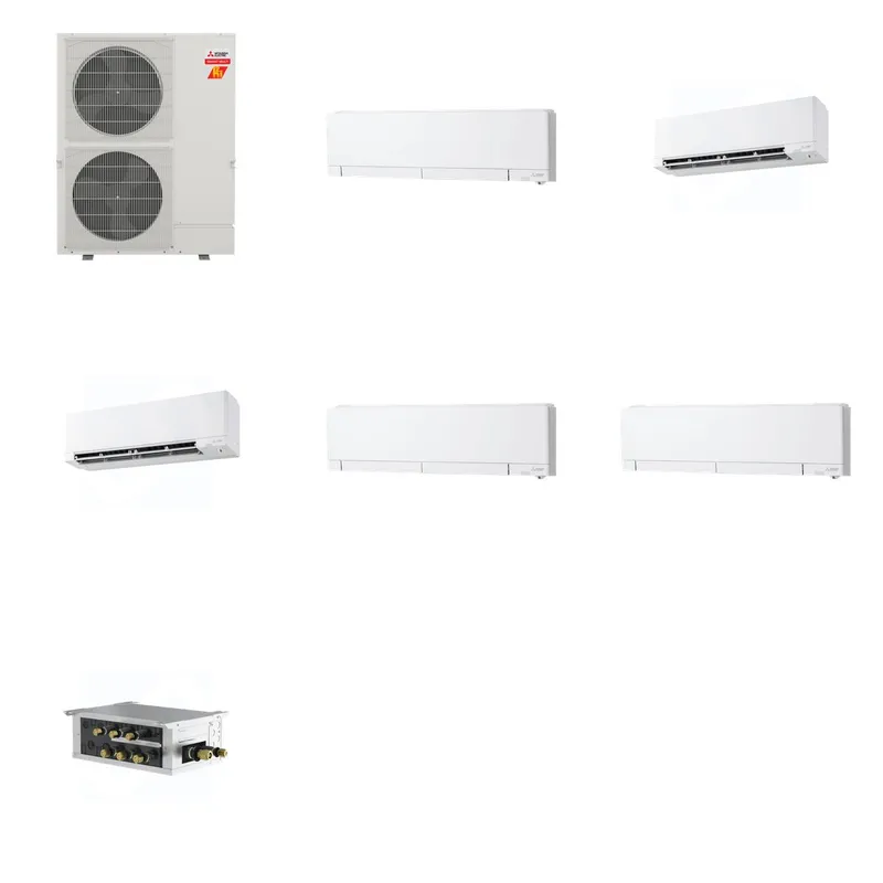 Mitsubishi Multi-Zone 60000 BTU R-454B 20 SEER2 5-Zone Wall-Mounted Hyper Heat Mini Split Heat Pump System - 6K+9K+9K+12K+12K