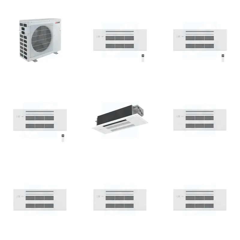 Mitsubishi Multi-Zone 40500 BTU R-454B 20 SEER2 4-Zone 1-Way Ceiling Cassette Mini Split Heat Pump System - 9K+9K+9K+12K
