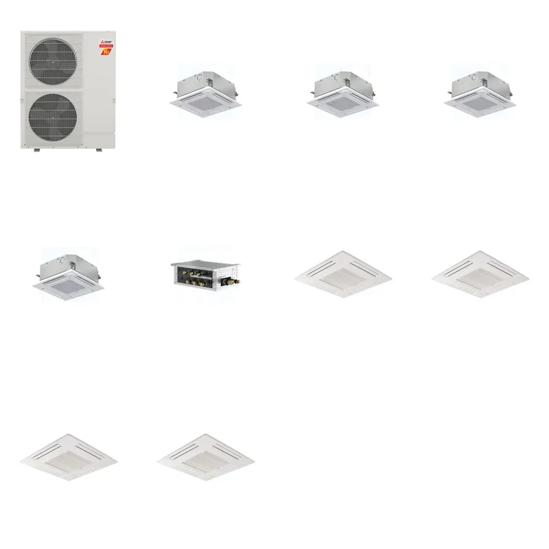 Mitsubishi Multi-Zone 60000 BTU R-454B 20 SEER2 4-Zone 2'x2' Ceiling Cassette Mini Split Heat Pump System - 9K+15K+15K+15K