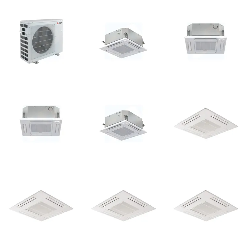 Mitsubishi Multi-Zone 40500 BTU R-454B 20 SEER2 4-Zone 2'x2' Ceiling Cassette Mini Split Heat Pump System - 9K+12K+12K+15K