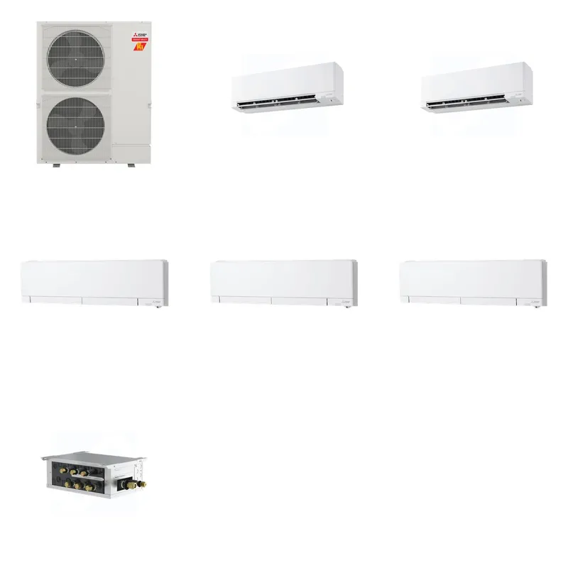 Mitsubishi Multi-Zone 60000 BTU R-454B 20 SEER2 5-Zone Wall-Mounted Hyper Heat Mini Split Heat Pump System - 9K+9K+12K+12K+12K