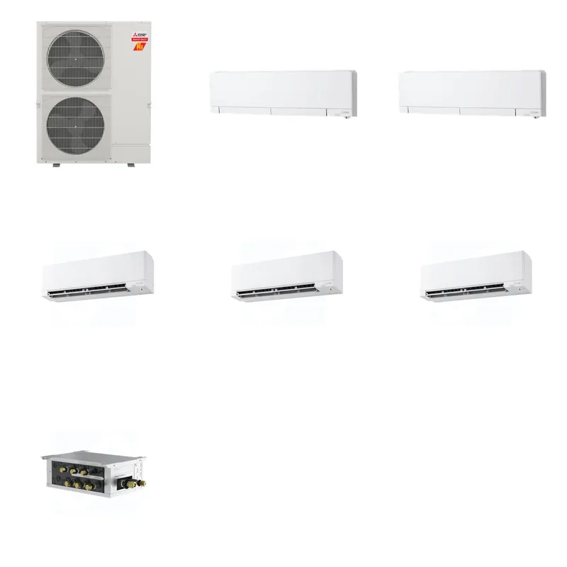Mitsubishi Multi-Zone 60000 BTU R-454B 20 SEER2 5-Zone Wall-Mounted Hyper Heat Mini Split Heat Pump System - 12K+12K+15K+15K+15K