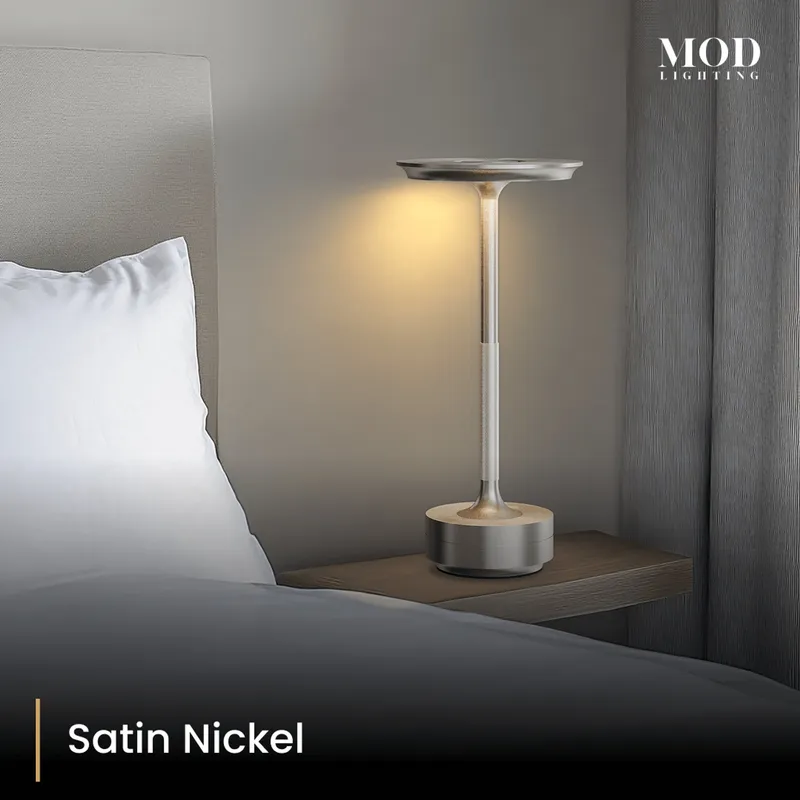 MOD Lighting Aris Rechargeable Table Lamp — Satin Nickel / 3 Colors + Touch Dimming