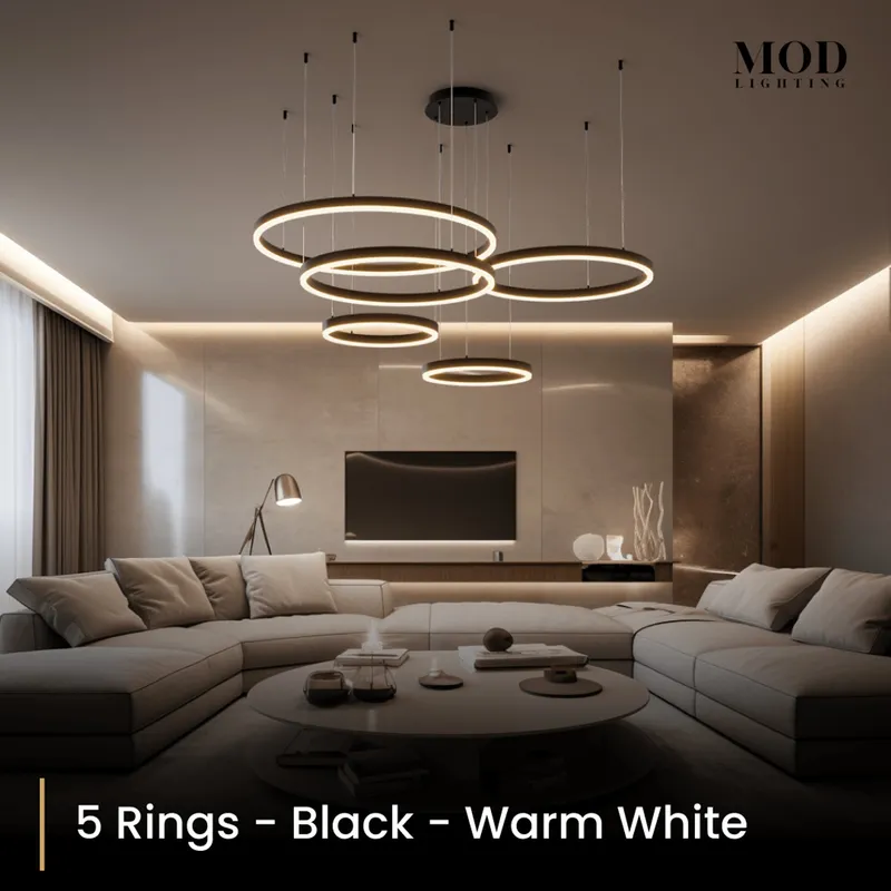 MOD Lighting Charlotte (Open Box UK) · Ring Chandelier in Gold or Black — Black / 5 Rings / Warm White (3000K)