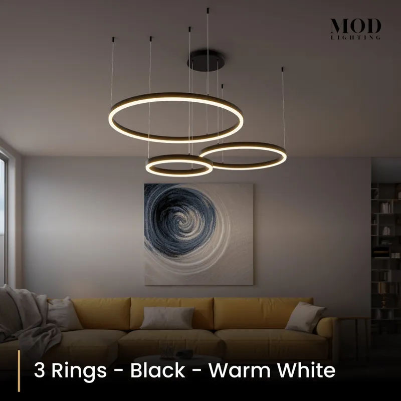 MOD Lighting Charlotte (Open Box UK) · Ring Chandelier in Gold or Black — Black / 3 Rings / Warm White (3000K)