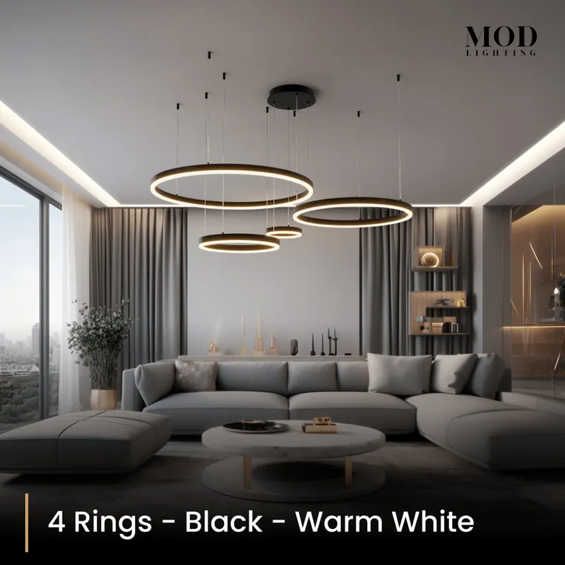 MOD Lighting Charlotte (Open Box UK) · Ring Chandelier in Gold or Black — Black / 4 Rings / Warm White (3000K)