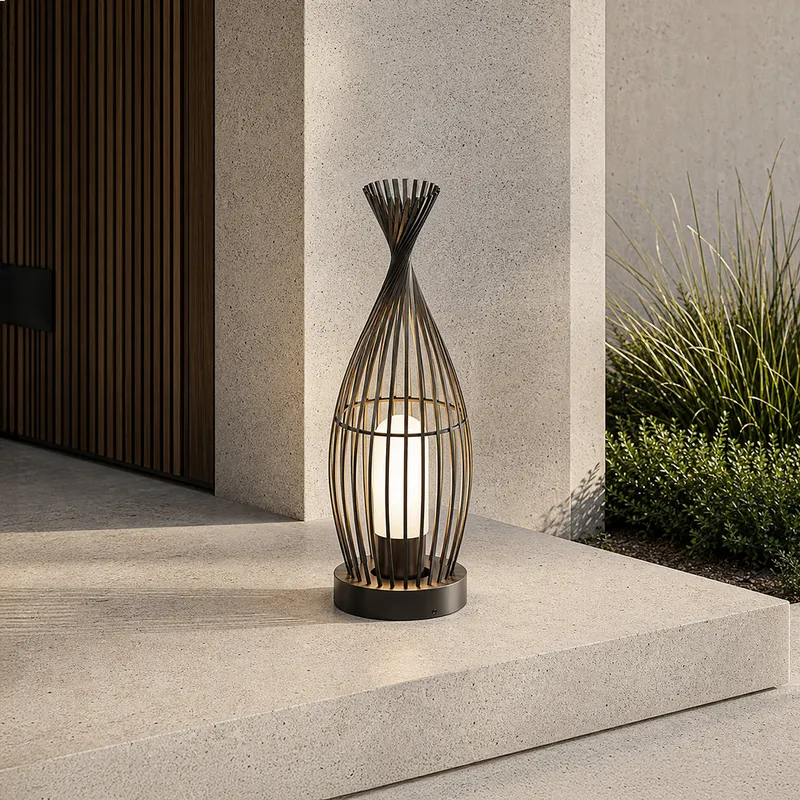 MOD Lighting Cove · Woven Steel Outdoor Floor Lantern — Warm White (3000K)