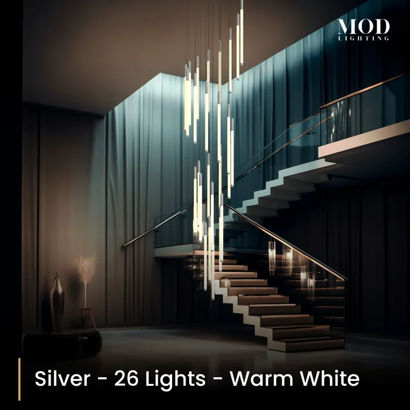 MOD Lighting Kasper (Open Box UK) · Cascading LED Staircase Chandelier — Silver / 26 Lights / Warm White (3000K)