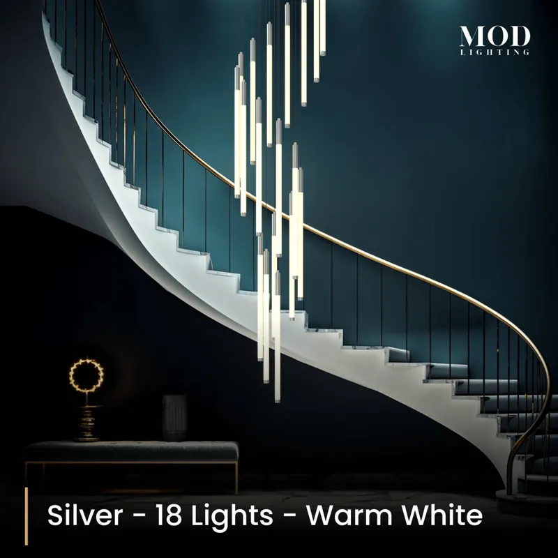MOD Lighting Kasper (Open Box UK) · Cascading LED Staircase Chandelier — Silver / 18 Lights / Warm White (3000K)