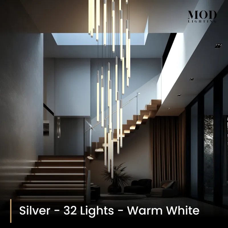 MOD Lighting Kasper (Open Box UK) · Cascading LED Staircase Chandelier — Silver / 32 Lights / Warm White (3000K)