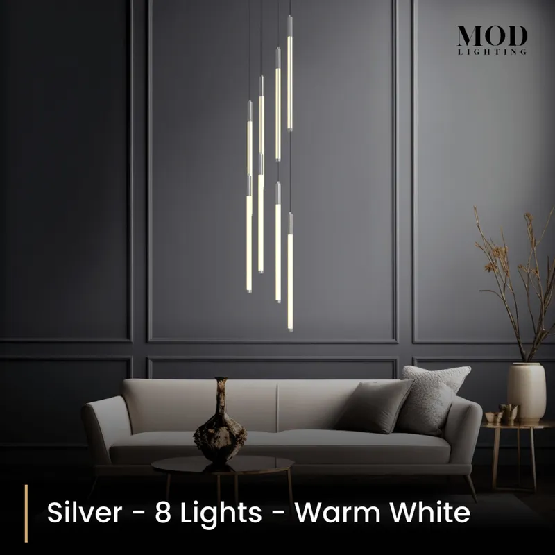 MOD Lighting Kasper (Open Box UK) · Cascading LED Staircase Chandelier — Silver / 8 Lights / Warm White (3000K)