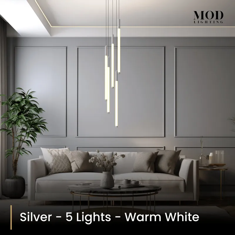 MOD Lighting Kasper (Open Box UK) · Cascading LED Staircase Chandelier — Silver / 5 Lights / Warm White (3000K)