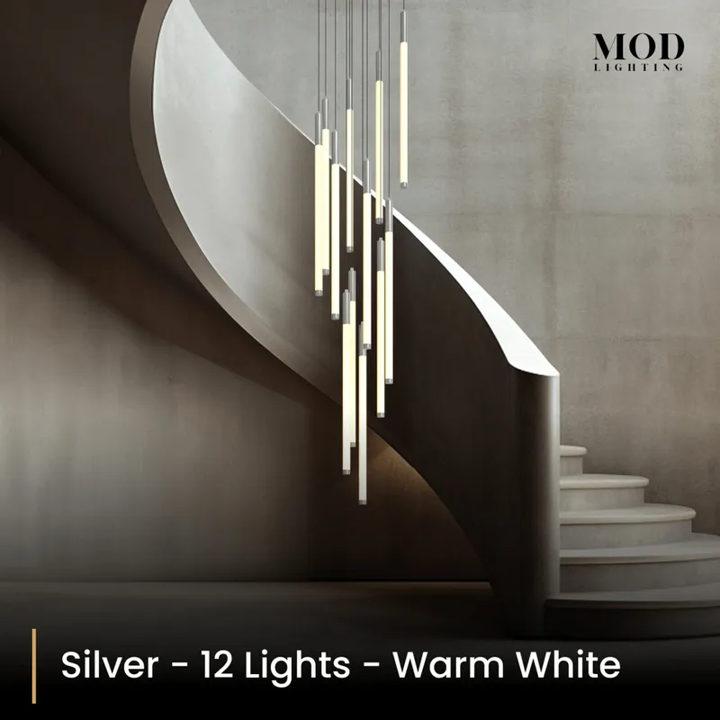 MOD Lighting Kasper (Open Box UK) · Cascading LED Staircase Chandelier — Silver / 12 Lights / Warm White (3000K)