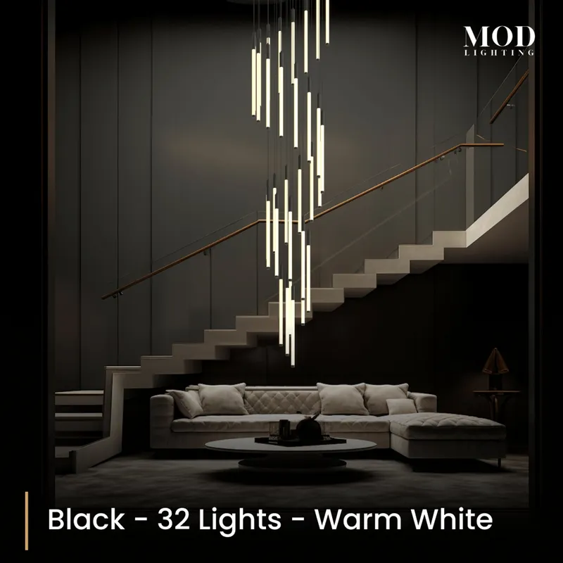 MOD Lighting Kasper (Open Box UK) · Cascading LED Staircase Chandelier — Black / 32 Lights / Warm White (3000K)