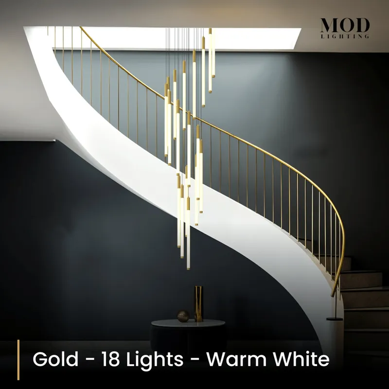 MOD Lighting Kasper (Open Box UK) · Cascading LED Staircase Chandelier — Gold / 18 Lights / Warm White (3000K)
