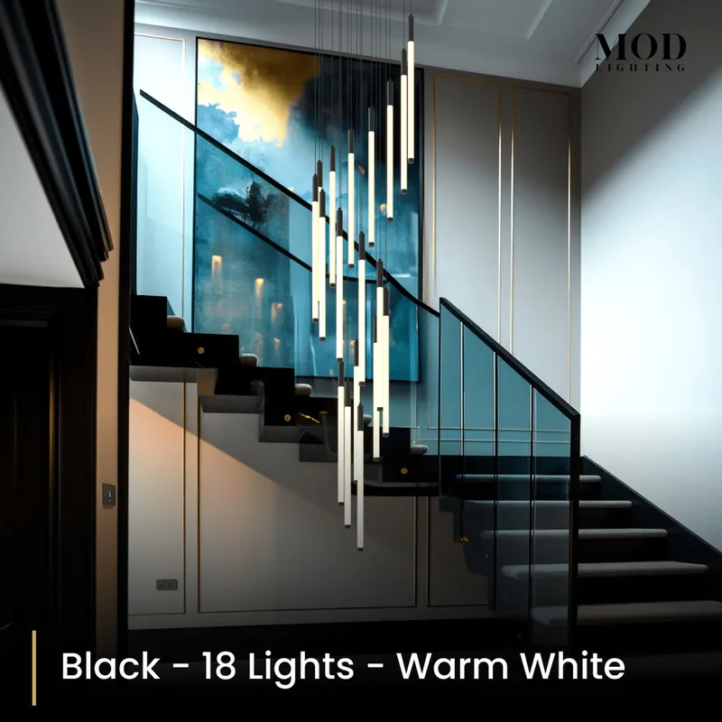 MOD Lighting Kasper (Open Box UK) · Cascading LED Staircase Chandelier — Black / 18 Lights / Warm White (3000K)