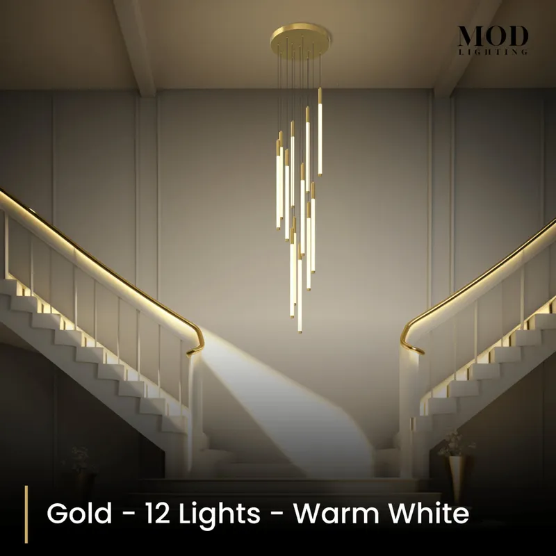 MOD Lighting Kasper (Open Box UK) · Cascading LED Staircase Chandelier — Gold / 12 Lights / Warm White (3000K)