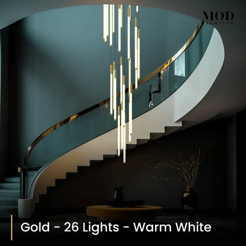 MOD Lighting Kasper (Open Box UK) · Cascading LED Staircase Chandelier — Gold / 26 Lights / Warm White (3000K)