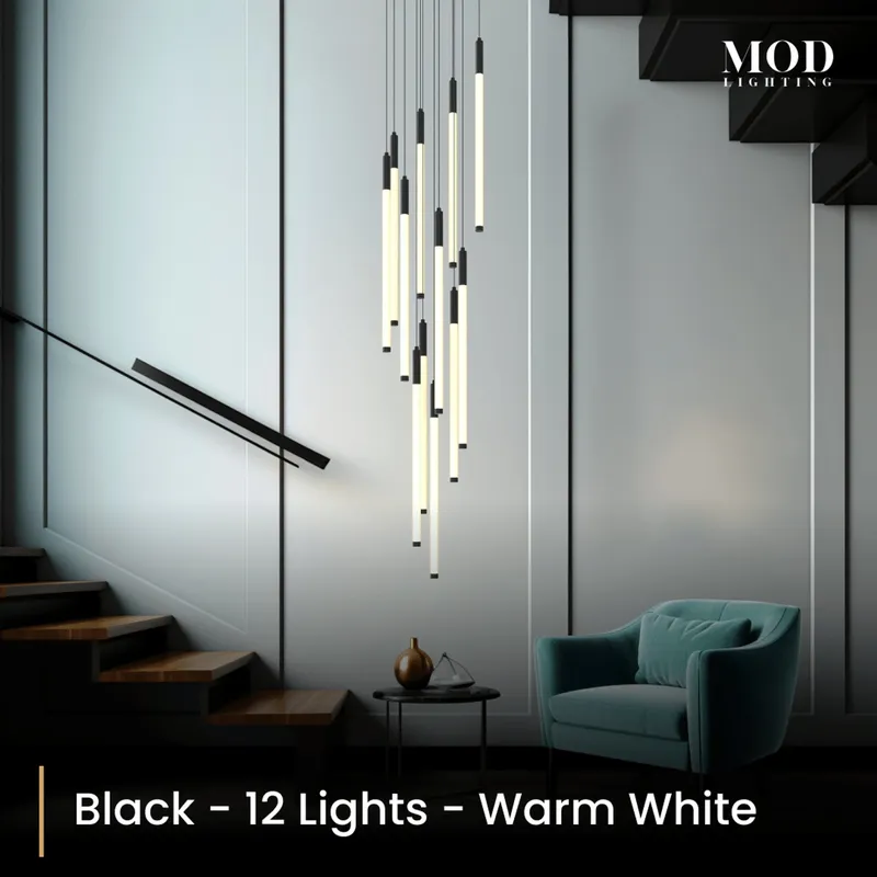 MOD Lighting Kasper (Open Box UK) · Cascading LED Staircase Chandelier — Black / 12 Lights / Warm White (3000K)