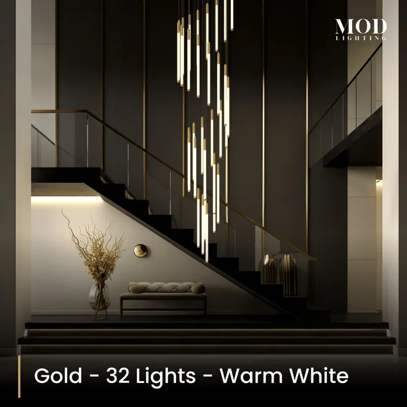 MOD Lighting Kasper (Open Box UK) · Cascading LED Staircase Chandelier — Gold / 32 Lights / Warm White (3000K)