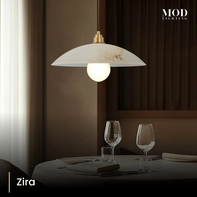 MOD Lighting Zira · Alabaster Dome Pendant in Gold — Warm White (3000K)