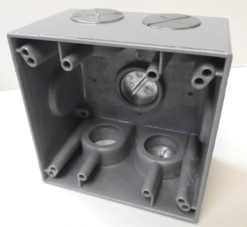 Weatherproof Outlet Box, 2 Gang, (5) 1" Outlets, 2.625" Deep, Aluminum, Gray