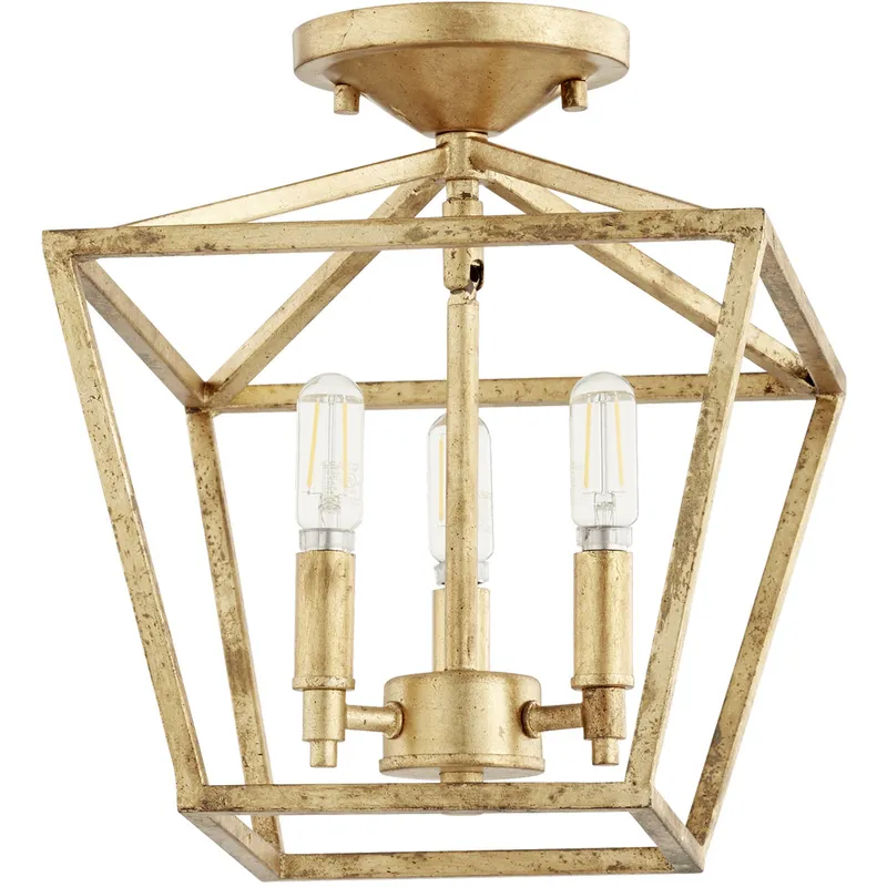 Gabriel 3 Light 10.25 inch Gold Leaf Semi Flush Mount Ceiling Light, Quorum Home