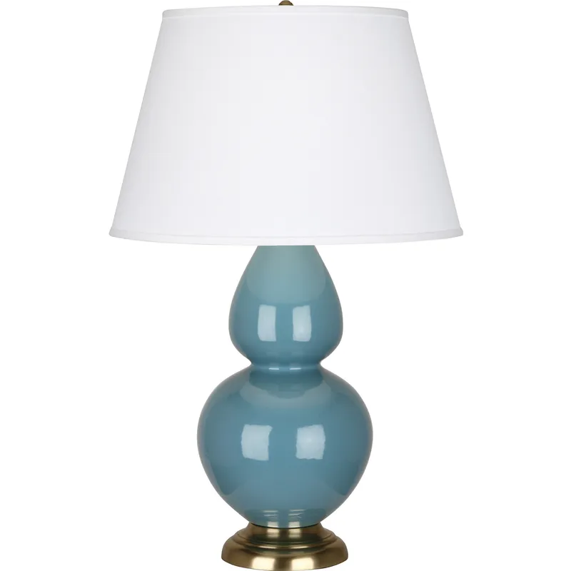 Double Gourd 31 inch 150 watt Steel Blue Glazed Ceramic with Antique Brass Table Lamp Portable Light in Pearl Dupioni