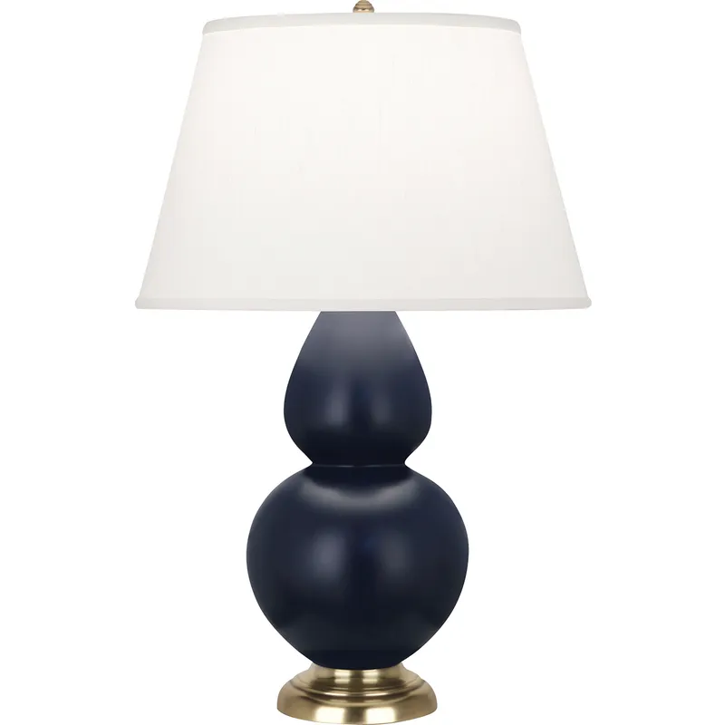 Double Gourd 31 inch 150 watt Matte Midnight Blue Glazed Ceramic with Antique Brass Table Lamp Portable Light in Pearl Dupioni