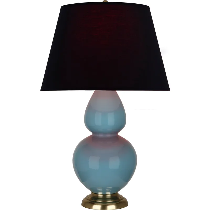 Double Gourd 31 inch 150 watt Steel Blue Glazed Ceramic with Antique Brass Table Lamp Portable Light in Ink Black with Rose Red