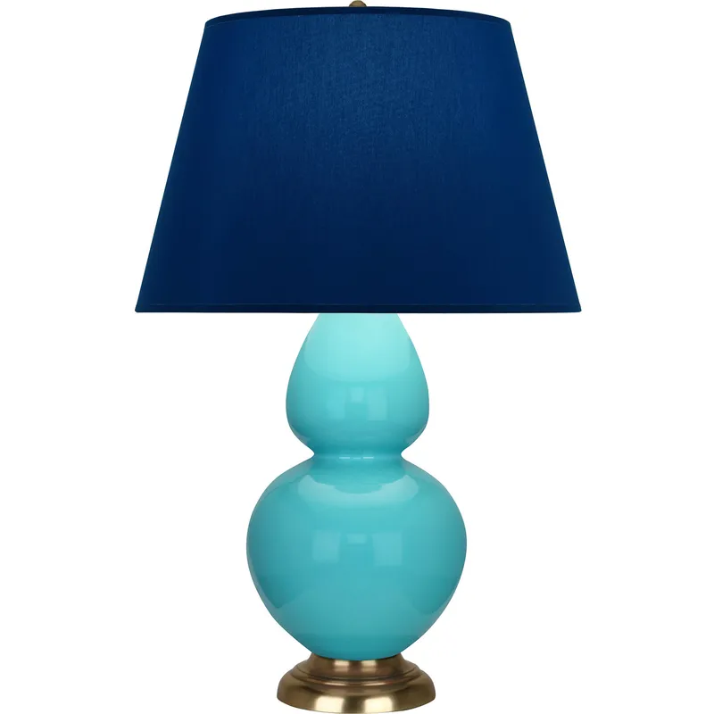 Double Gourd 31 inch 150 watt Egg Blue Glazed Ceramic with Antique Natural Brass Table Lamp Portable Light in Navy with Gray