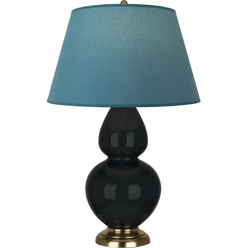Double Gourd 31 inch 150 watt Obsidian Glazed Ceramic with Antique Natural Brass Table Lamp Portable Light in Bright Blue with Gray
