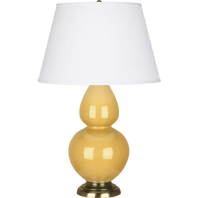 Double Gourd 31 inch 150 watt Sunset Yellow Glazed Ceramic with Antique Brass Table Lamp Portable Light in Pearl Dupioni