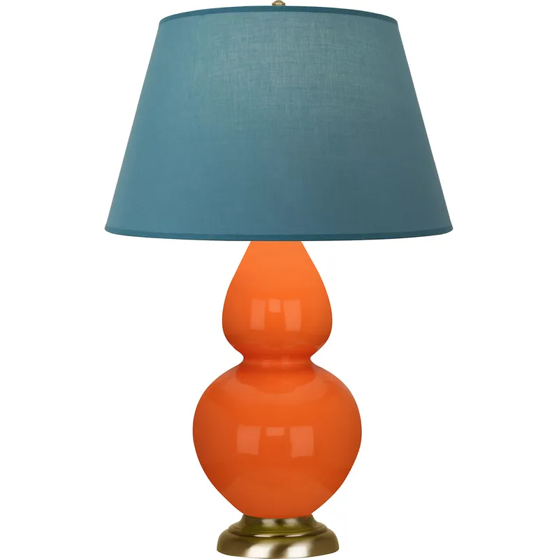 Double Gourd 31 inch 150 watt Pumpkin Glazed Ceramic with Antique Natural Brass Table Lamp Portable Light in Bright Blue with Gray