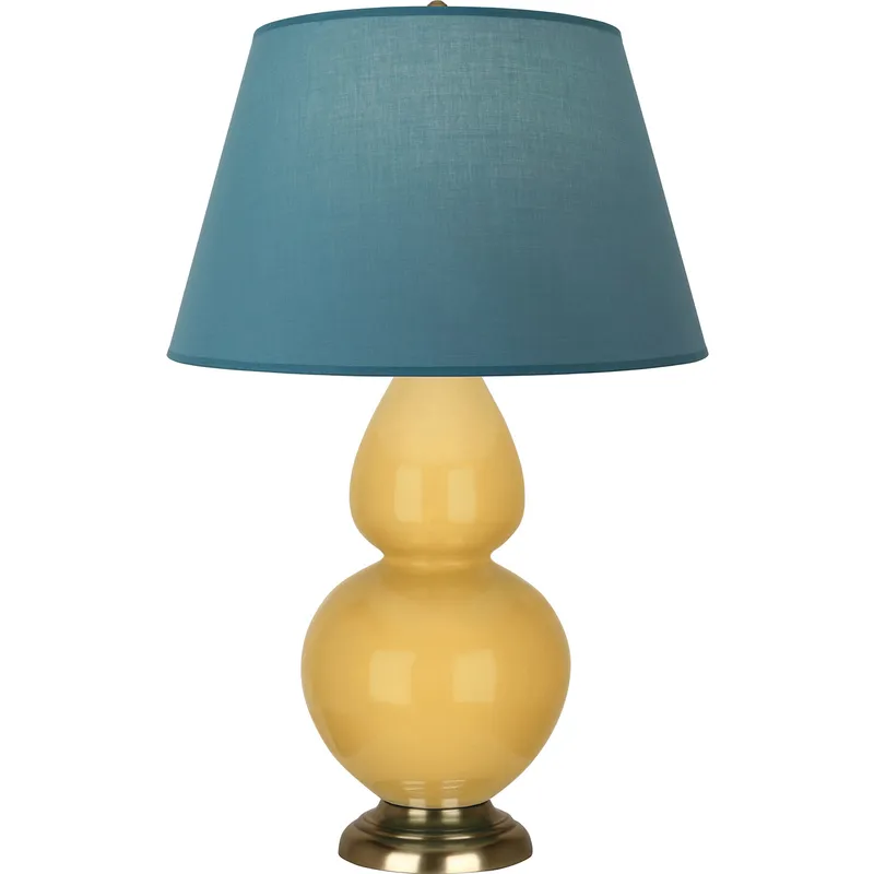 Double Gourd 31 inch 150 watt Sunset Yellow Glazed Ceramic with Antique Brass Table Lamp Portable Light in Bright Blue with Gray