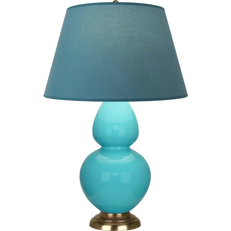Double Gourd 31 inch 150 watt Egg Blue Glazed Ceramic with Antique Natural Brass Table Lamp Portable Light in Bright Blue with Gray