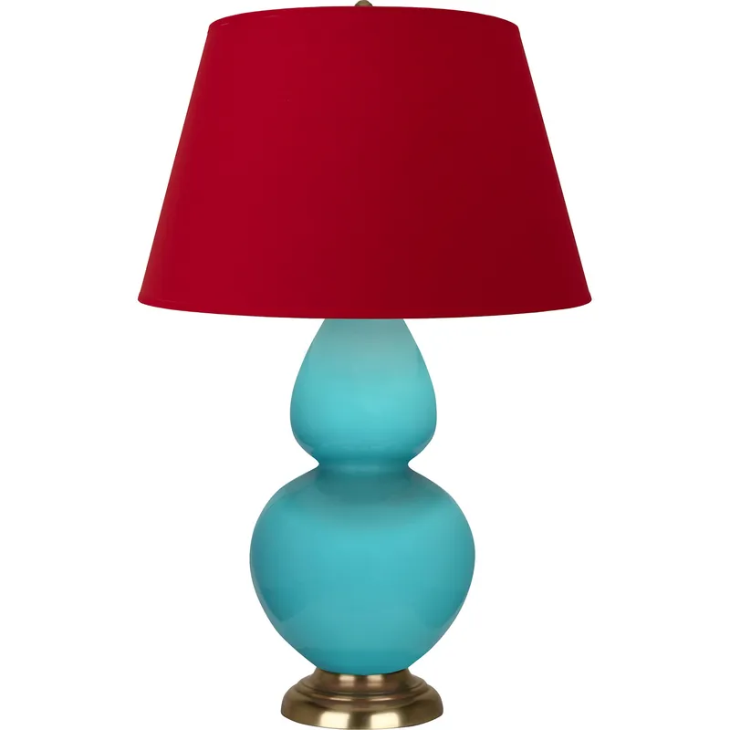 Double Gourd 31 inch 150 watt Egg Blue Glazed Ceramic with Antique Natural Brass Table Lamp Portable Light in Rose Red with Ink Black