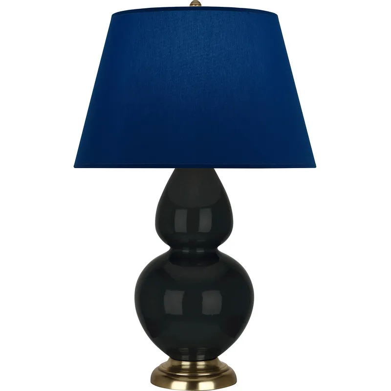 Double Gourd 31 inch 150 watt Obsidian Glazed Ceramic with Antique Natural Brass Table Lamp Portable Light in Navy with Gray