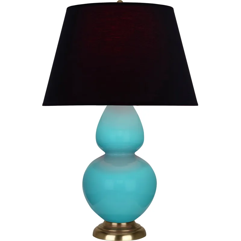Double Gourd 31 inch 150 watt Egg Blue Glazed Ceramic with Antique Natural Brass Table Lamp Portable Light in Ink Black with Rose Red