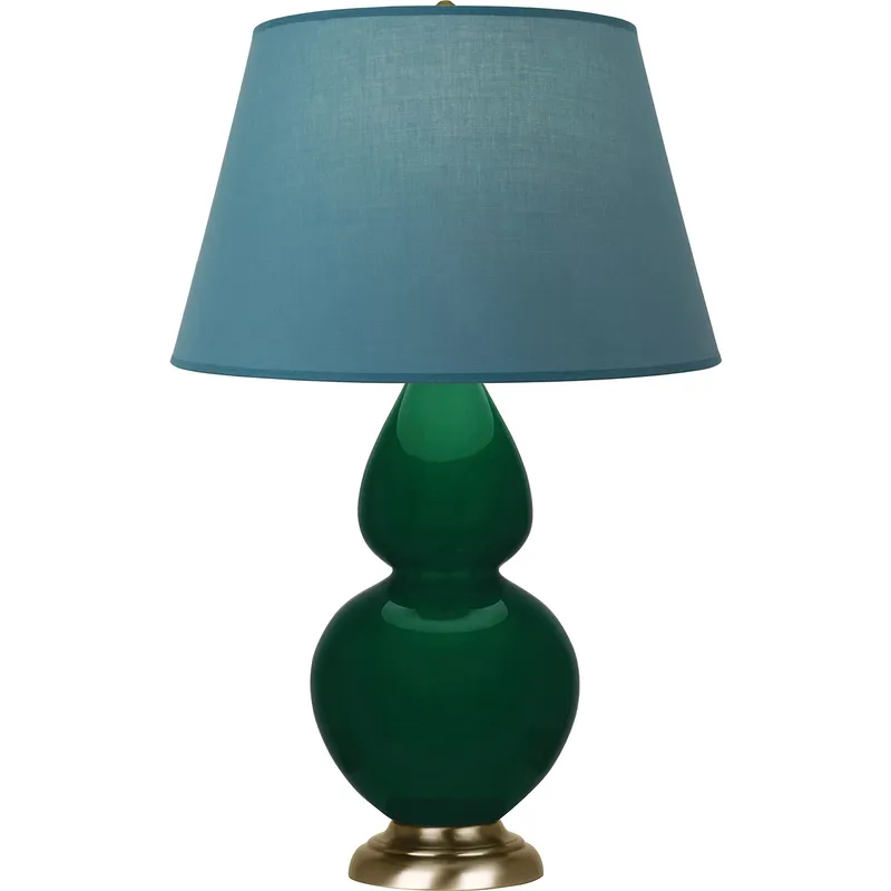 Double Gourd 31 inch 150 watt Jungle Glazed Ceramic with Antique Natural Brass Table Lamp Portable Light in Bright Blue with Gray