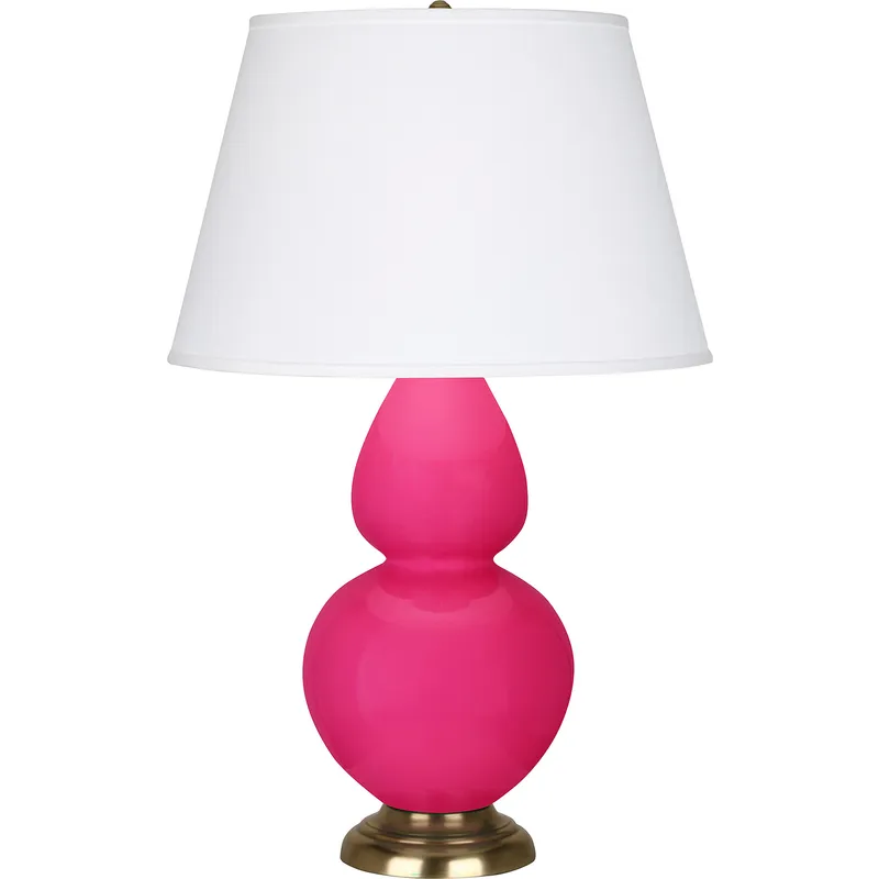 Double Gourd 31 inch 150 watt Razzle Rose Glazed Ceramic with Antique Natural Brass Table Lamp Portable Light in Pearl Dupioni