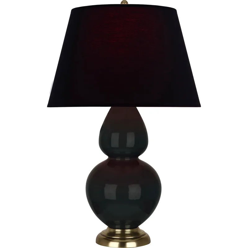 Double Gourd 31 inch 150 watt Obsidian Glazed Ceramic with Antique Natural Brass Table Lamp Portable Light in Ink Black with Rose Red